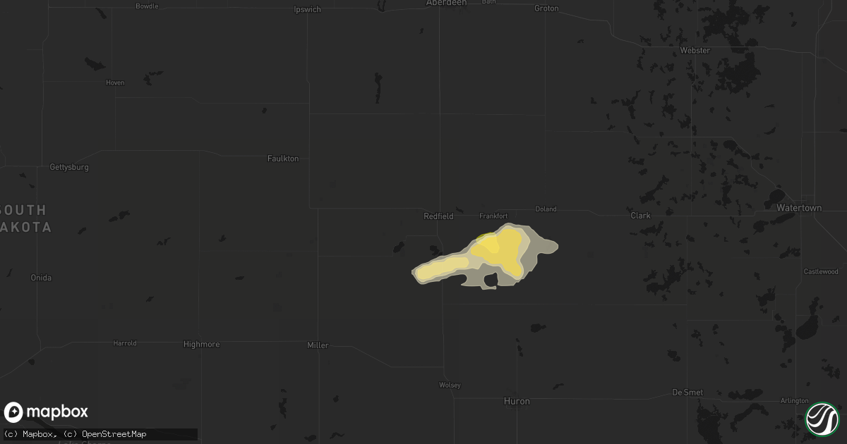 Hail map in Redfield, SD on August 28, 2026
