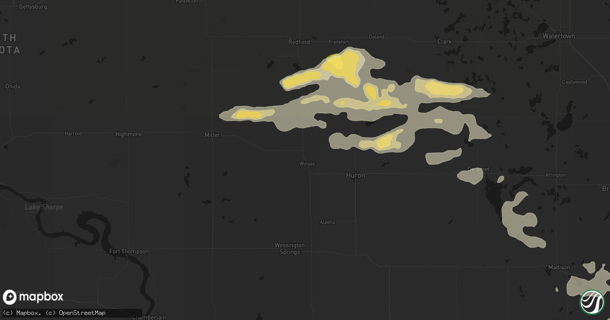 Hail map in Wolsey, SD on August 28, 2026