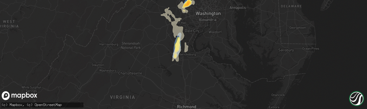 Hail map in Fredericksburg, VA on August 29, 2024