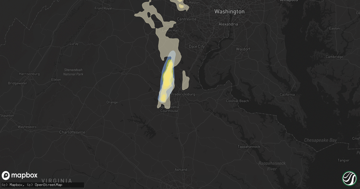 Hail map in Fredericksburg, VA on August 29, 2024