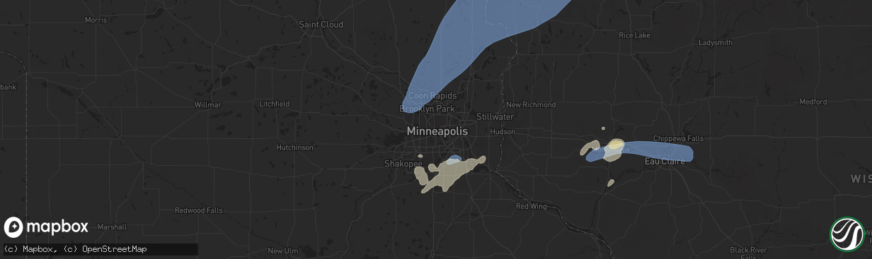 Hail map in Minneapolis, MN on August 29, 2024