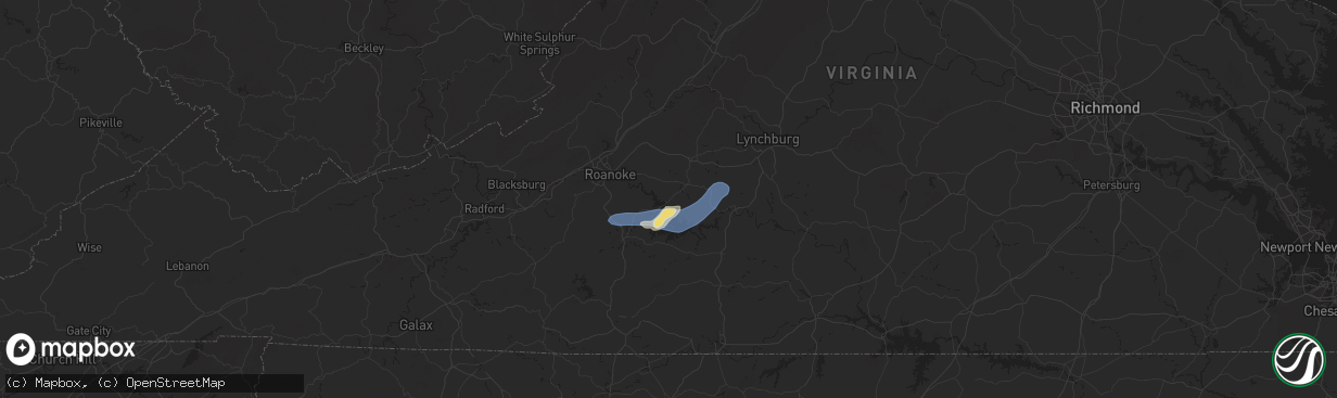 Hail map in Moneta, VA on August 29, 2024