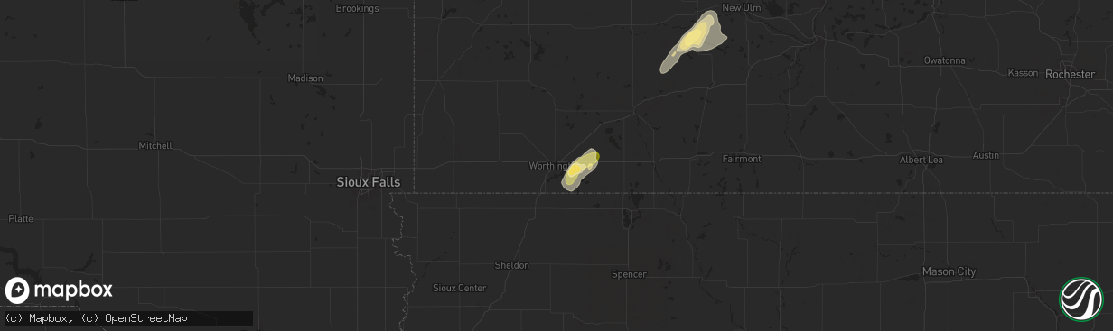 Hail map in Worthington, MN on August 29, 2024