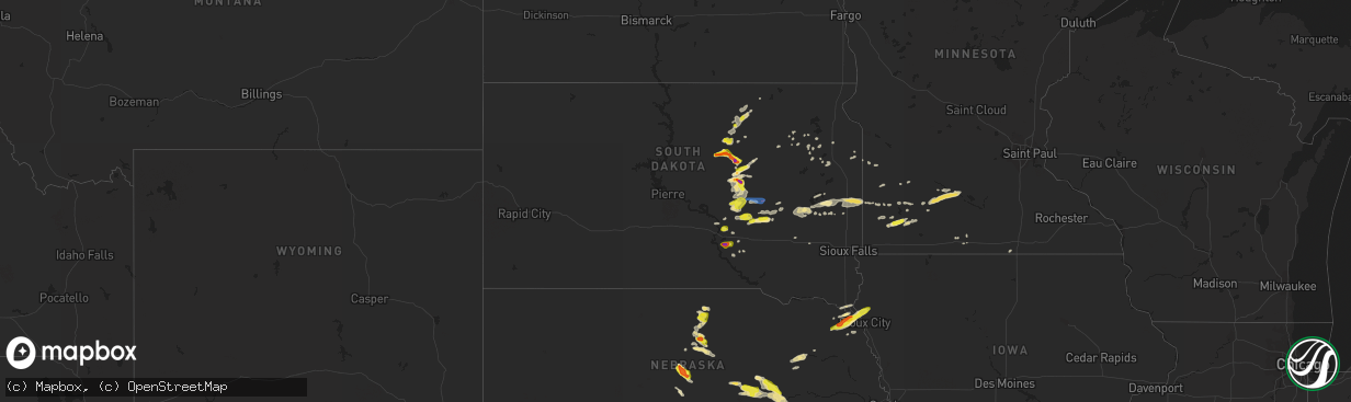 Hail map in South Dakota on August 30, 2020