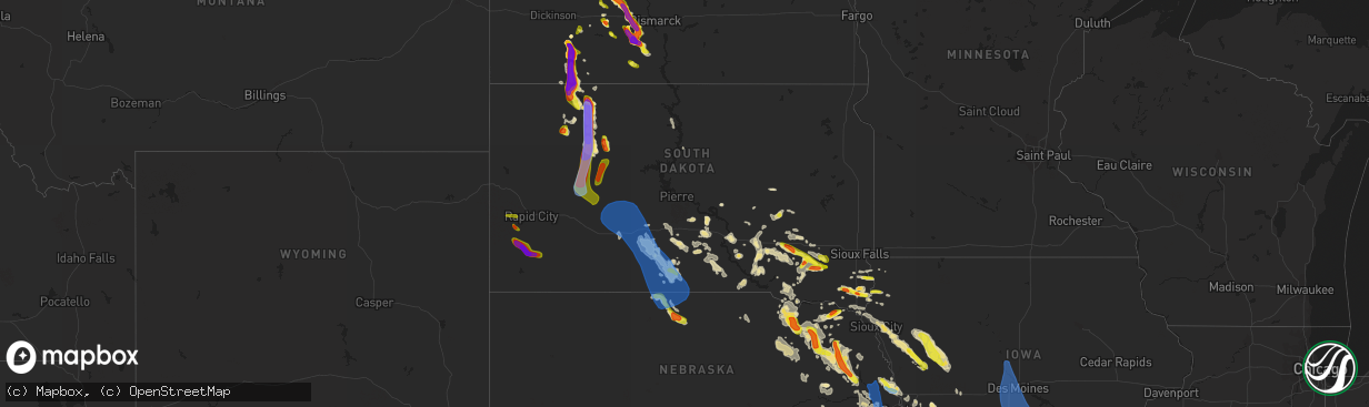 Hail map in South Dakota on August 30, 2021