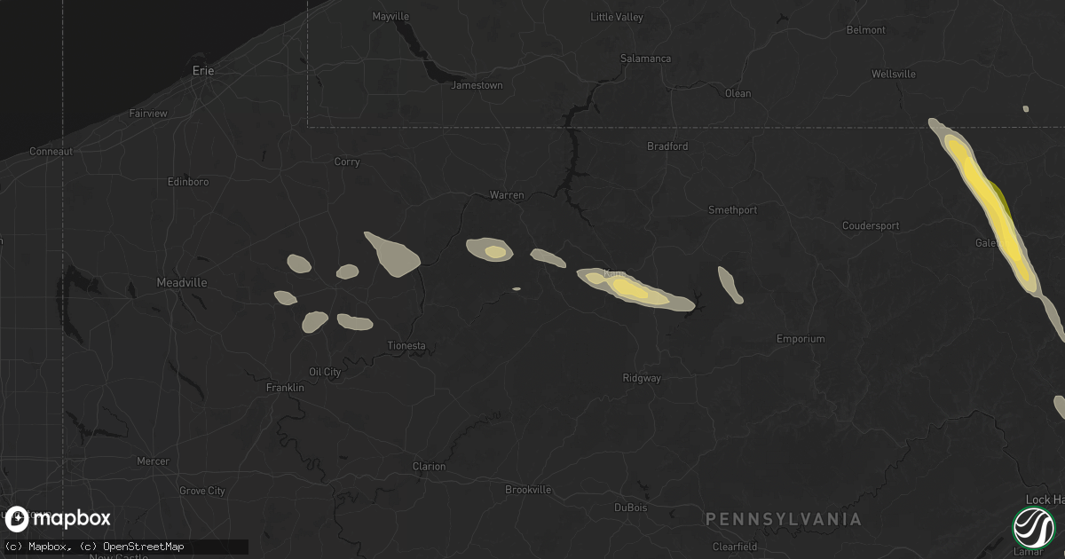 Hail map in Sheffield, PA on September 1, 2026