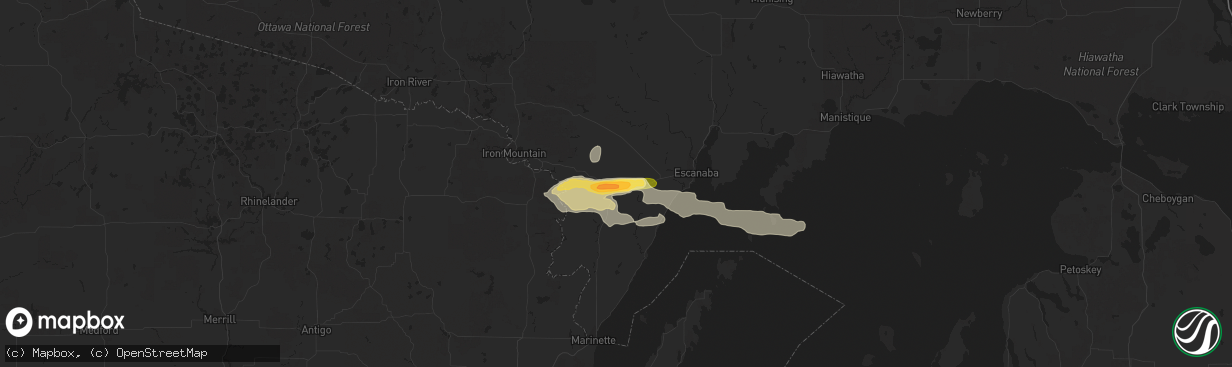 Hail map in Powers, MI on September 2, 2015