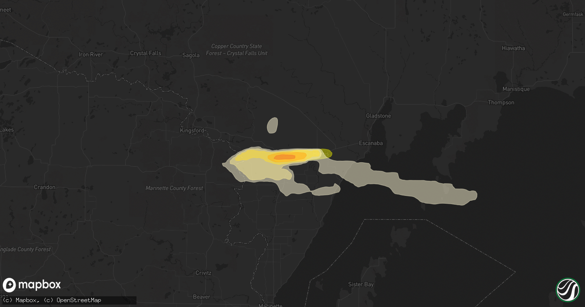 Hail map in Powers, MI on September 2, 2015