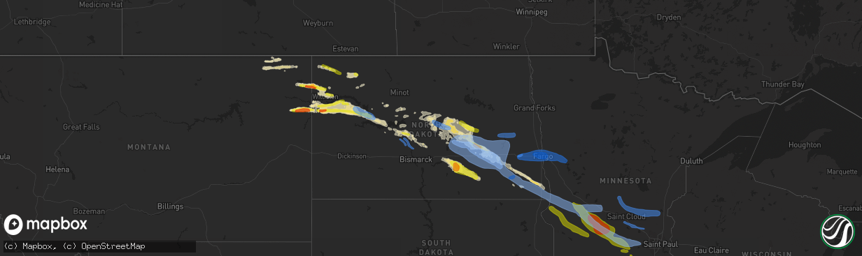 Hail map in North Dakota on September 2, 2019