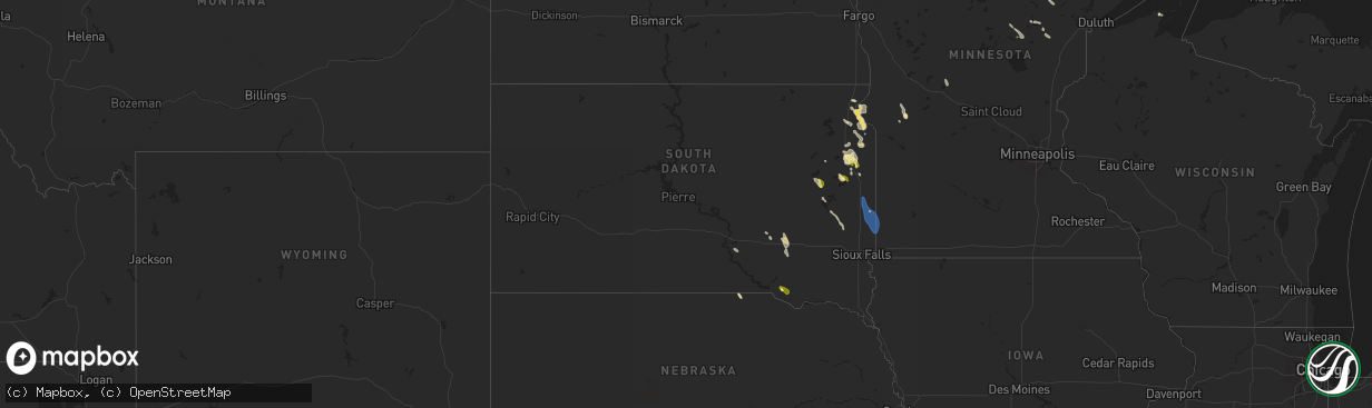 Hail map in South Dakota on September 2, 2025