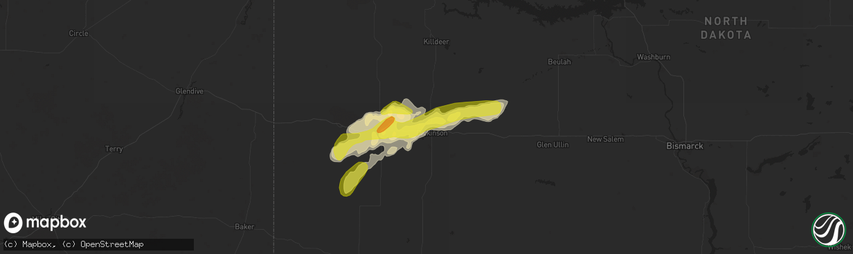 Hail map in Dickinson, ND on September 3, 2018