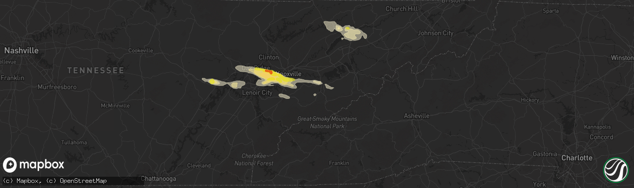 Hail map in Sevierville, TN on September 4, 2025