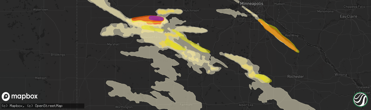 Hail map in New Ulm, MN on September 5, 2020