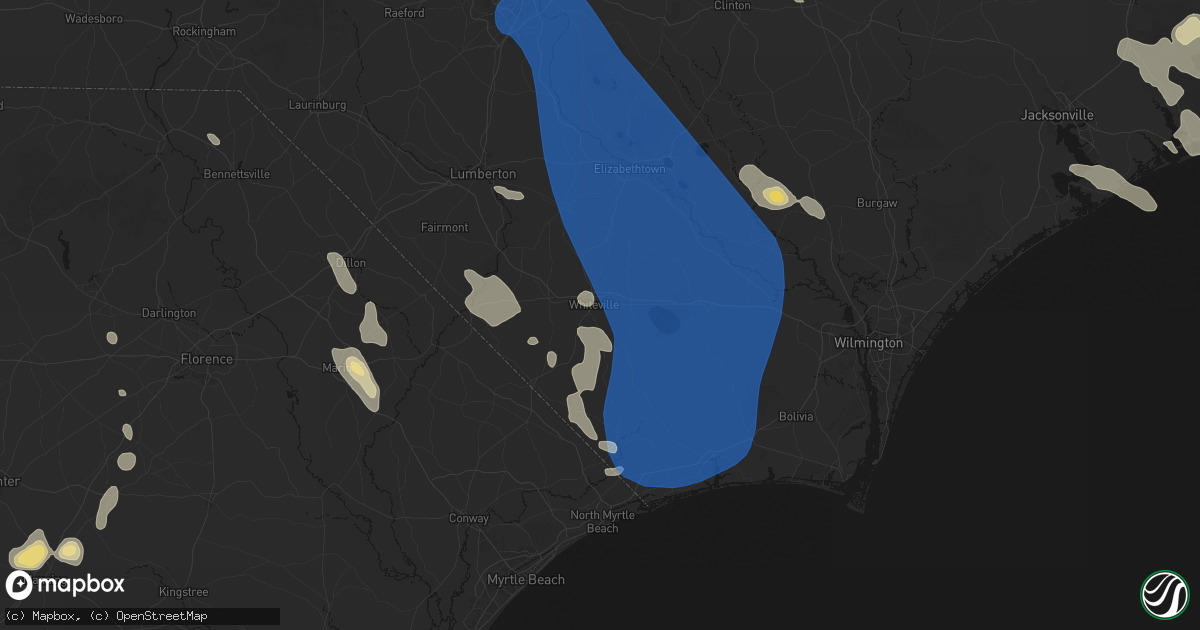 Hail map in Whiteville, NC on September 5, 2026