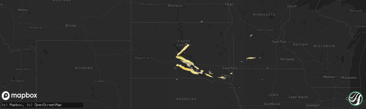 Hail map in South Dakota on September 7, 2015