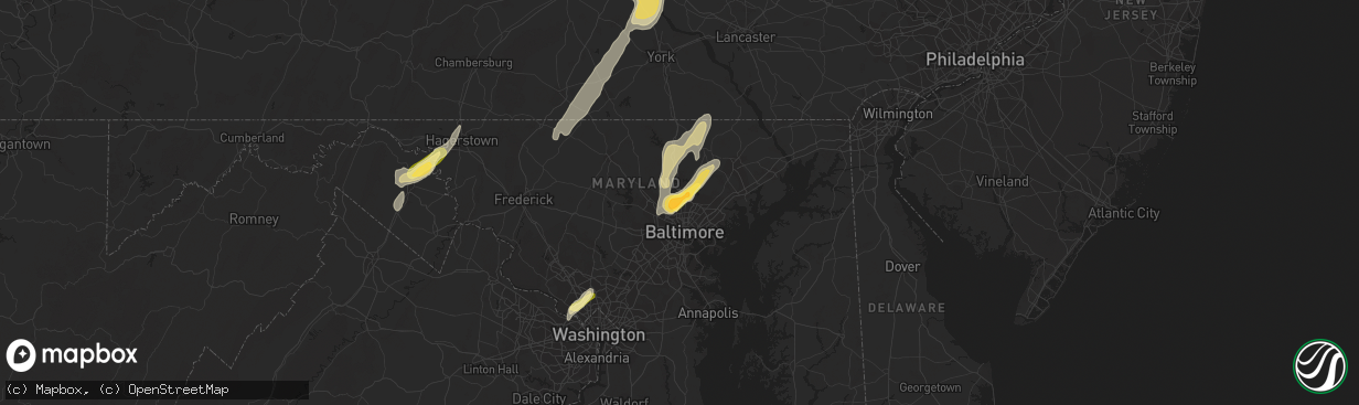 Hail map in Towson, MD on September 7, 2023