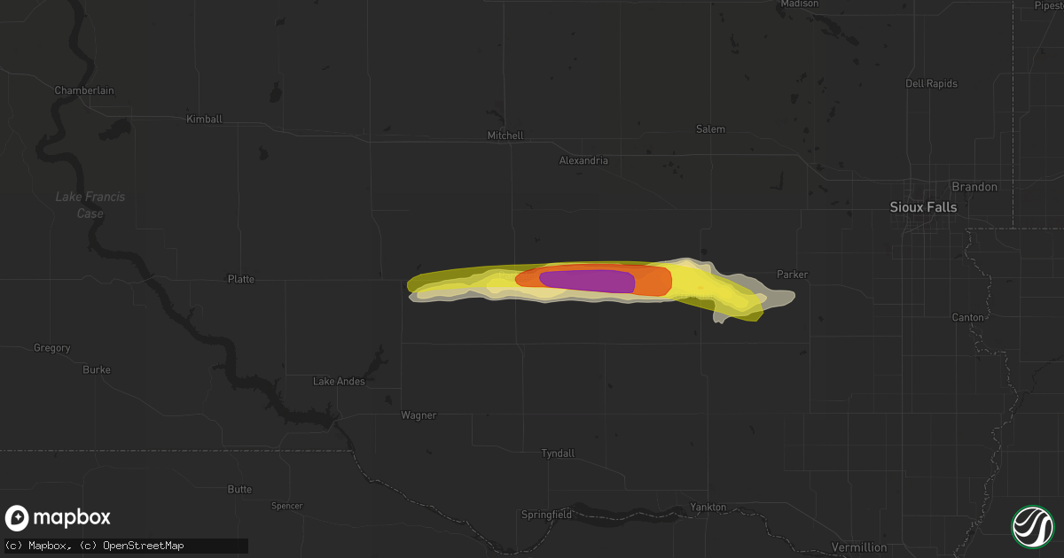 Hail map in Parkston, SD on September 8, 2016