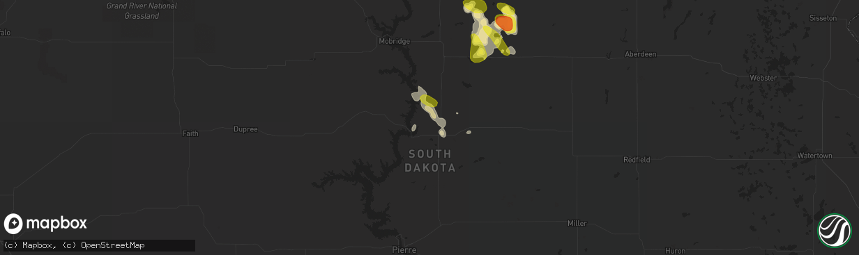 Hail map in Gettysburg, SD on September 9, 2018