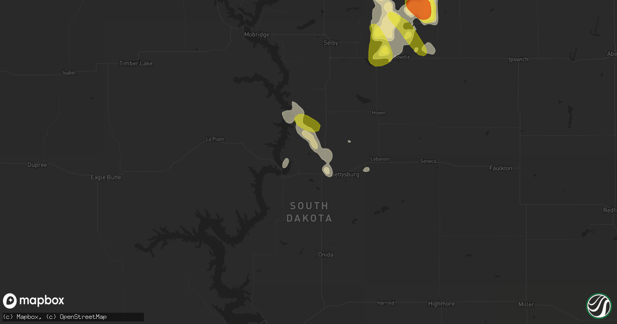Hail map in Gettysburg, SD on September 9, 2018
