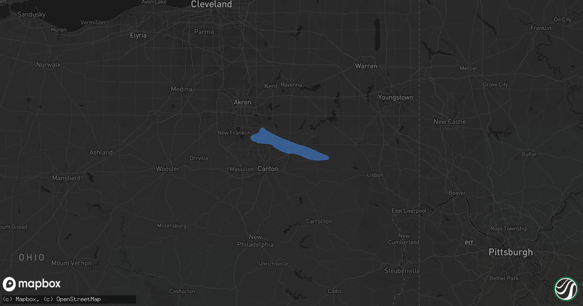 Hail map in Louisville, OH on September 9, 2026