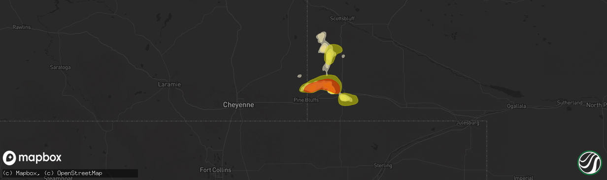 Hail map in Pine Bluffs, WY on September 10, 2025