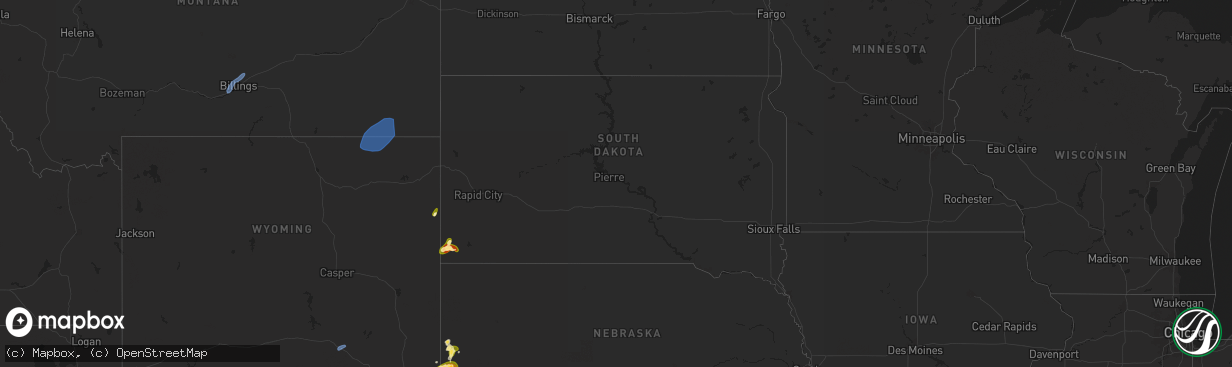 Hail map in South Dakota on September 10, 2025