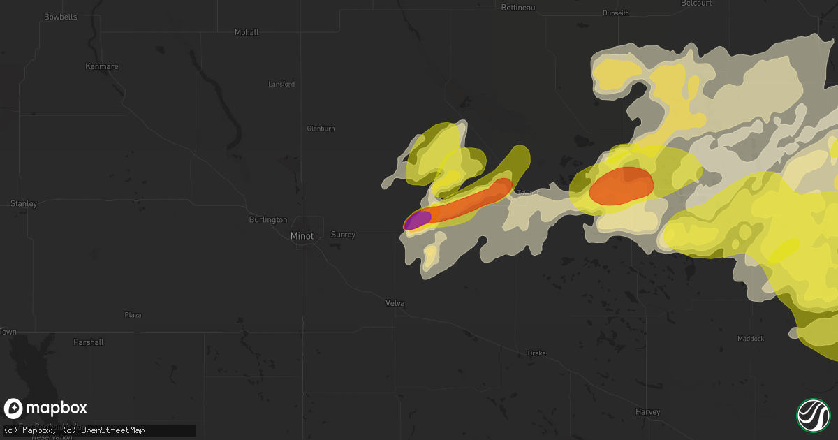 Hail map in Granville, ND on September 11, 2025