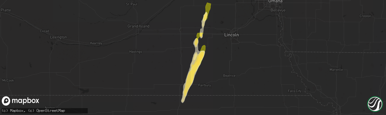 Hail map in Milligan, NE on September 14, 2025