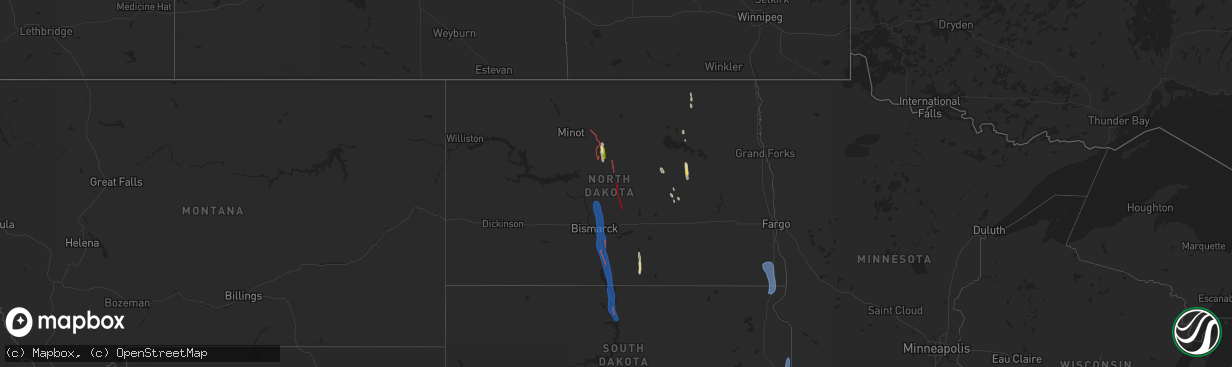Hail map in North Dakota on September 14, 2025