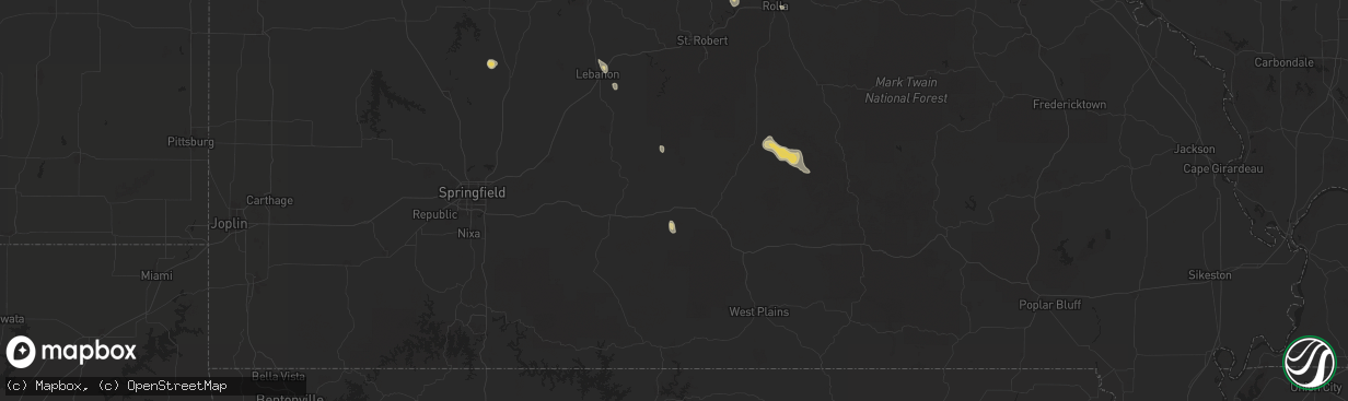 Hail map in Mountain Grove, MO on September 15, 2025