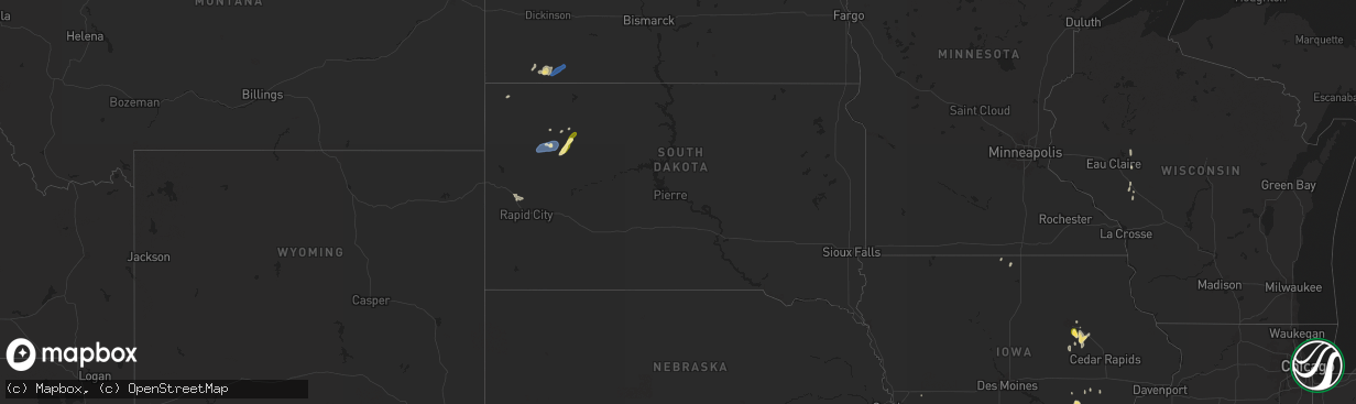 Hail map in South Dakota on September 15, 2025