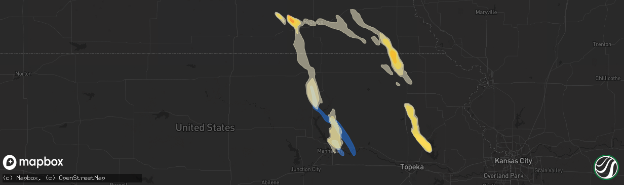 Hail map in Waterville, KS on September 16, 2023