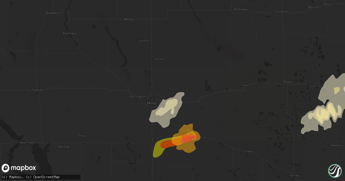 Hail map in Surrey, ND on September 16, 2024