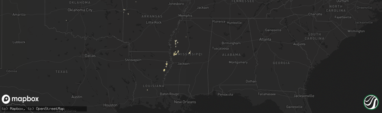 Hail map in Mississippi on September 16, 2025