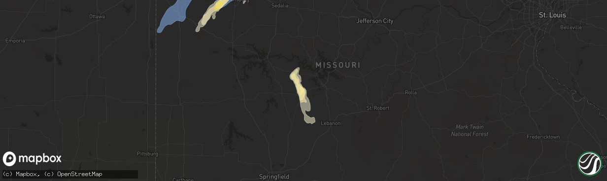 Hail map in Macks Creek, MO on September 18, 2025