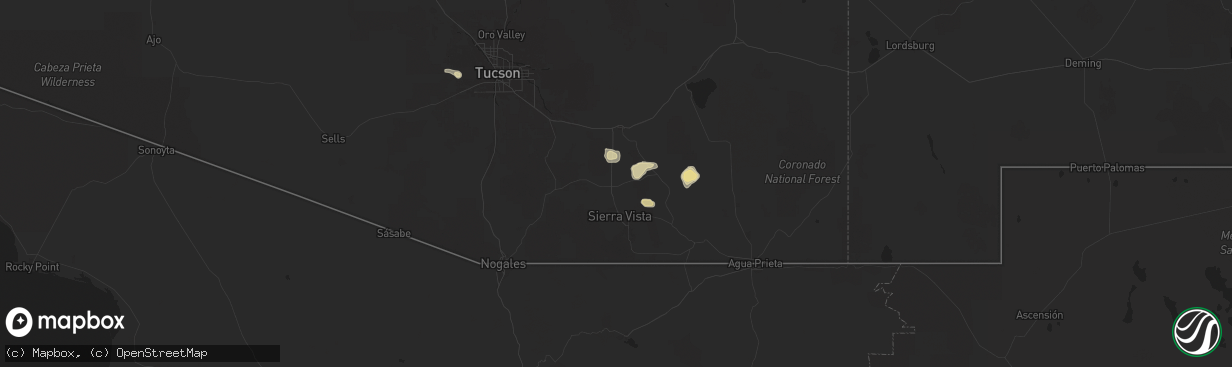 Hail map in Huachuca City, AZ on September 25, 2025