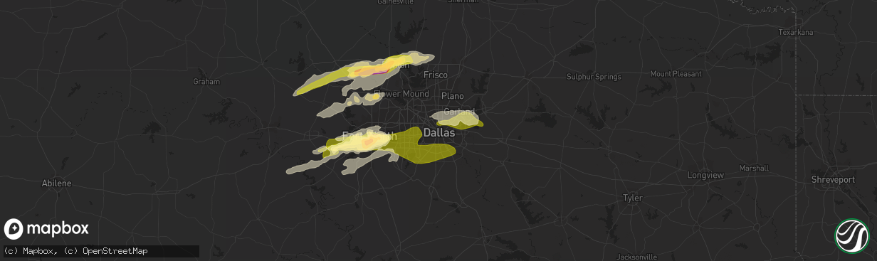 Hail map in Dallas, TX on October 2, 2014