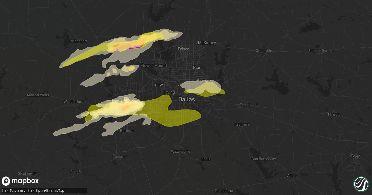 Hail map in Dallas, TX on October 2, 2014