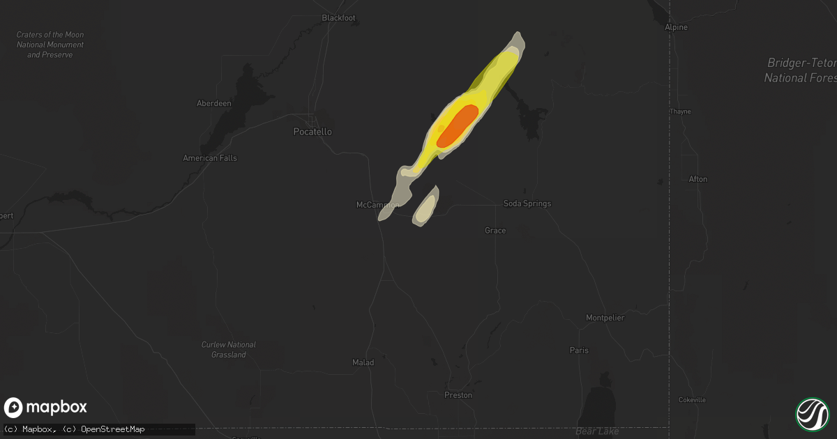 Hail map in Lava Hot Springs, ID on October 2, 2016