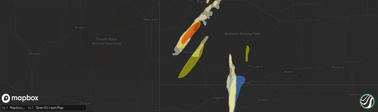 Hail map in Hot Springs, SD on October 2, 2023