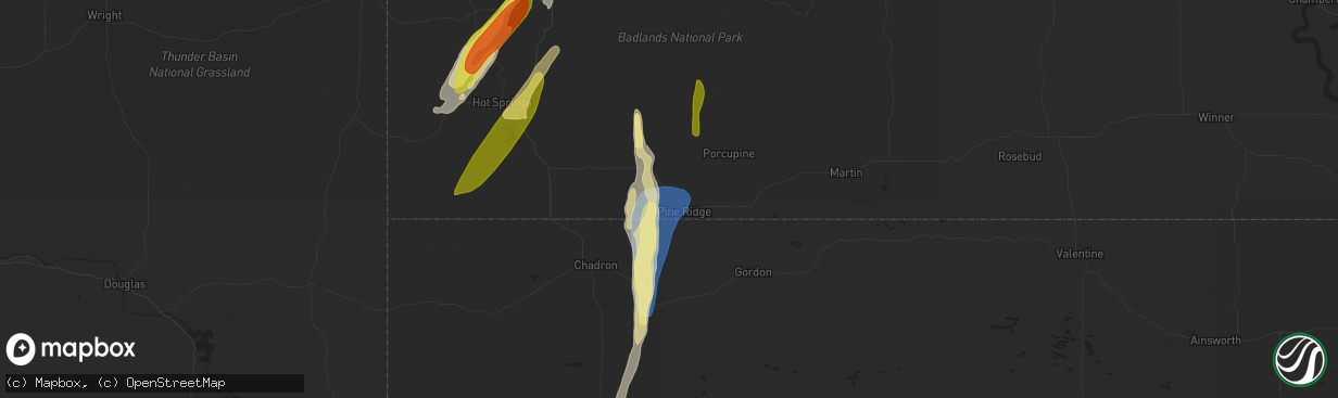 Hail map in Pine Ridge, SD on October 2, 2023