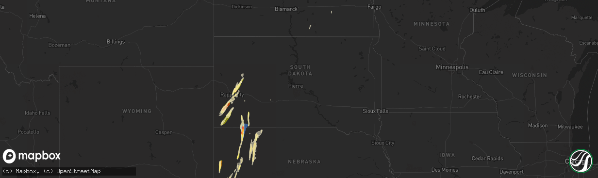 Hail map in South Dakota on October 2, 2023
