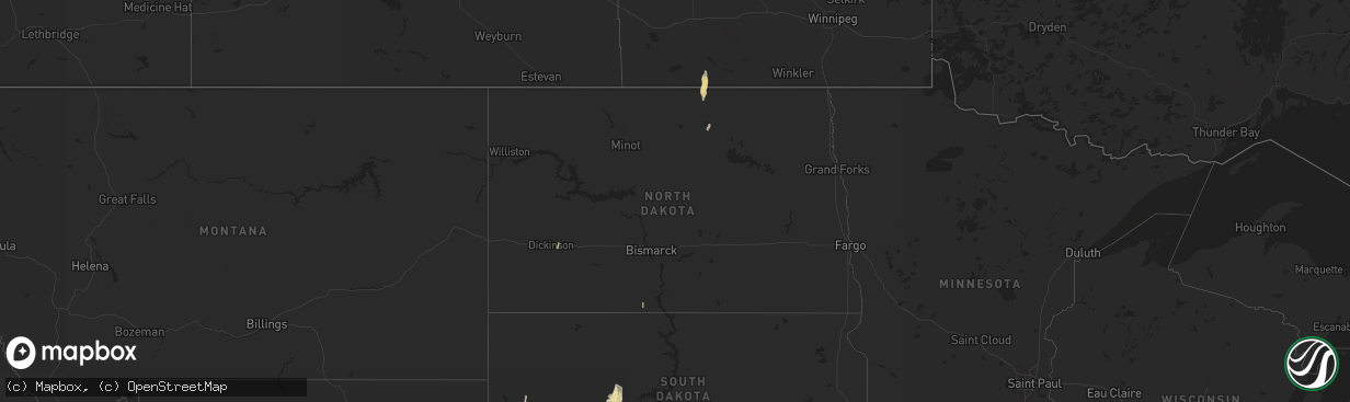 Hail map in North Dakota on October 3, 2016