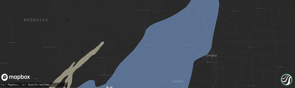 Hail map in Columbus, NE on October 3, 2023