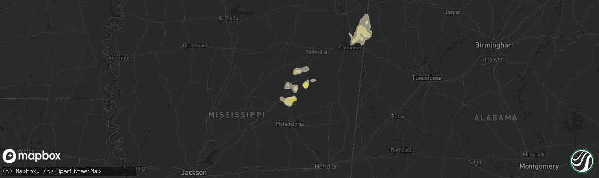 Hail map in Louisville, MS on October 5, 2021