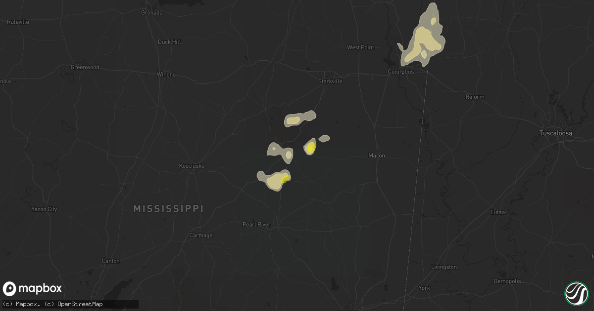 Hail map in Louisville, MS on October 5, 2021