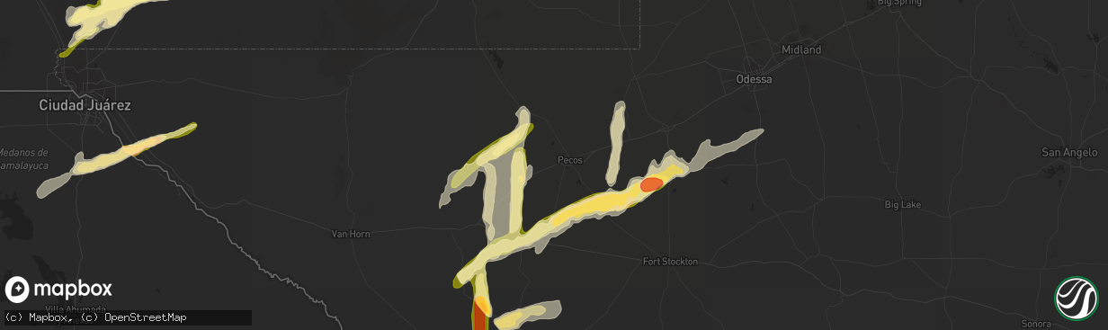 Hail map in Pecos, TX on October 7, 2015