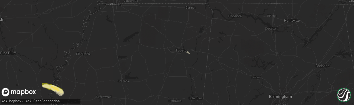 Hail map in Tupelo, MS on October 9, 2015