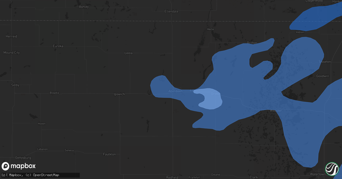 Hail map in Aberdeen, SD on October 9, 2021