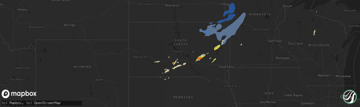 Hail map in South Dakota on October 9, 2021